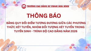 Thông báo bảng quy đổi điểm tương đương giữa các phương thức xét tuyển, nhóm đối tượng xét tuyển trong tuyển sinh - trình độ cao đẳng năm 2026